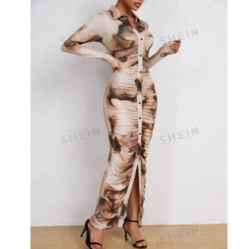 SHEIN Essnce Tie Dye Ruched Button Through Bodycon Dress